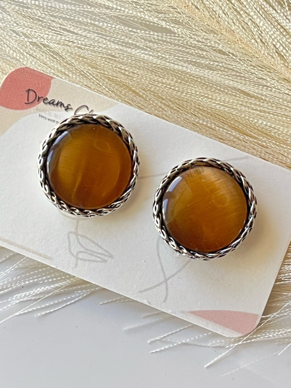 Classic Round Brown Glass Stud Earrings by